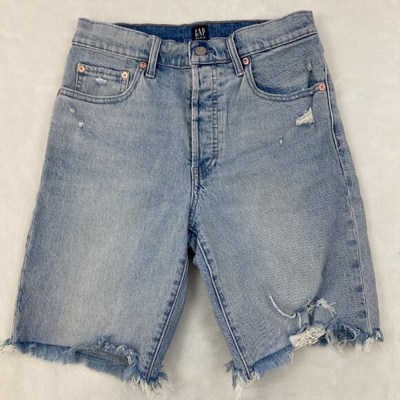 GAP Denim Light Wash Blue Denim Jean Cut Out Distressed Bermuda Shorts Size 6 - Picture 1 of 7